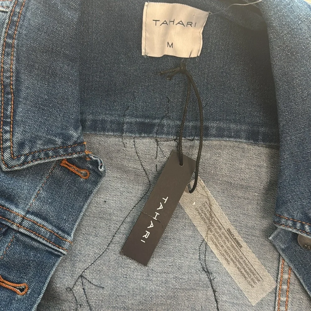 Tahari Blue and Green Jean Jacket with Peacock Design - Picture 4 of 10